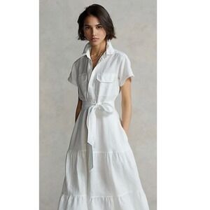 ELIE TAHARI 100% Linen Midi Short Sleeve Collard Dress Belted Tiered White Sz10
